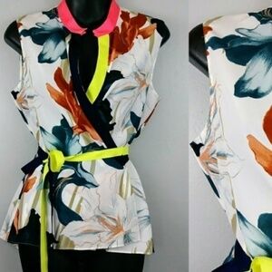 EUC T Tahari Floral Wrap Tank Blouse Neon Ribbon Tie Accent Size XS